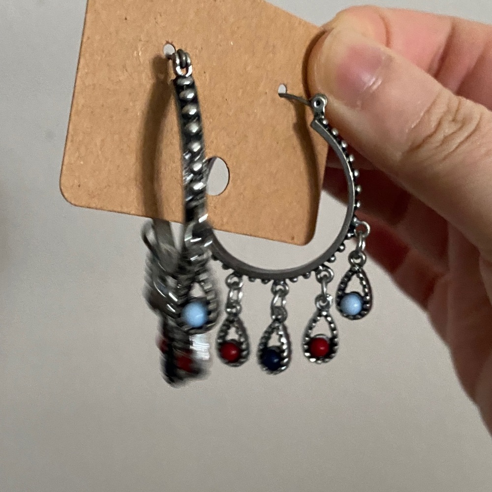 Elegant Silver Hoop Earrings with Red and Blue Accents